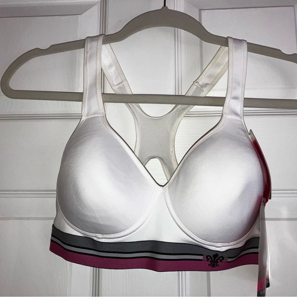 Lily of France White (Pink/Black Trim) Sports Bra with Moisture-Wicking Fabric